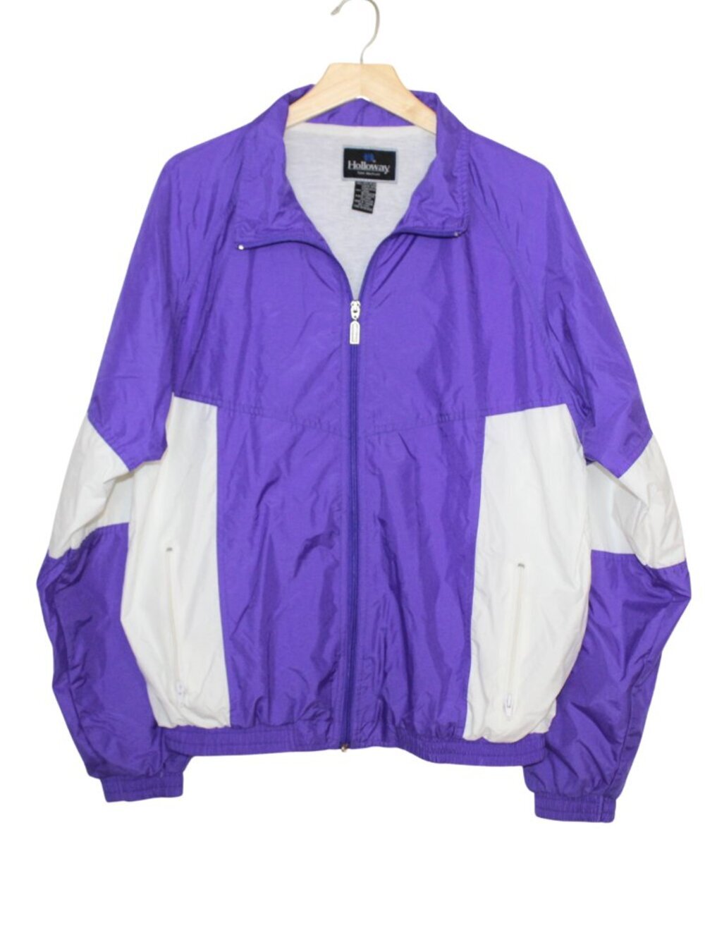 Vintage 90s sport varsity windbreaker jacket purple white zip front sports wear